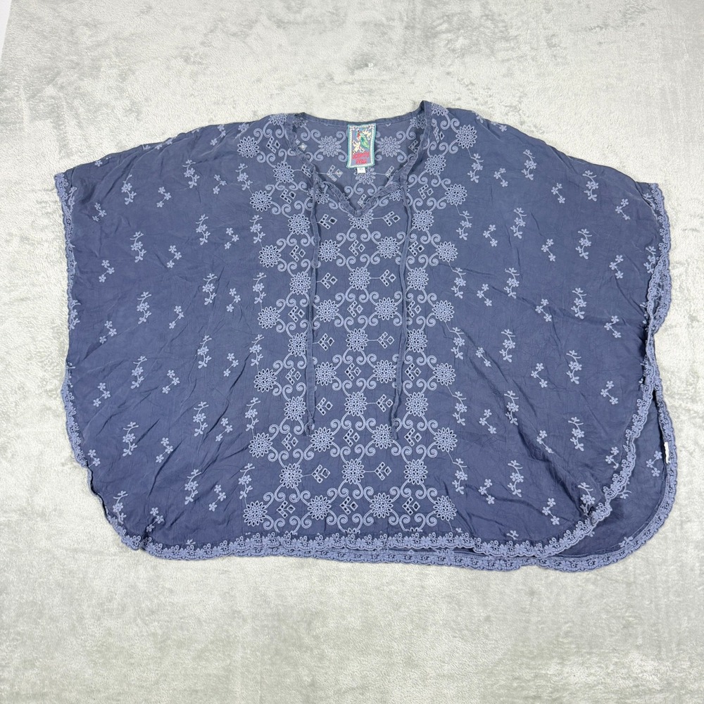 Johnny Was Womens XS Blue Embroidered Eyelet Lace Trim Poncho Blouse Top